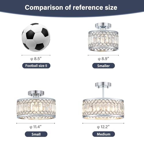 Crystal Ceiling Light, Modern Semi Flush Mount Ceiling Lighting 9in Chrome
