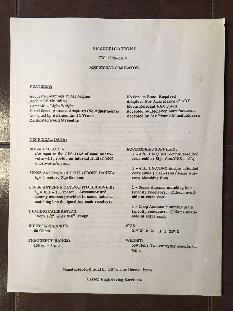 TIC Tel-Instrument CES-116A ADF Loop Box  Ops, Service Manual
