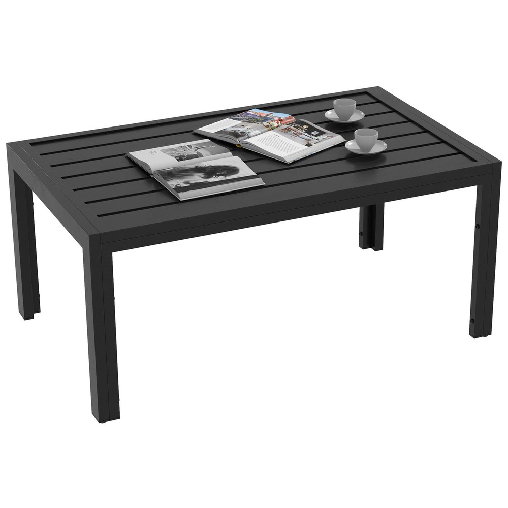 Outdoor Coffee Table Rectangle Side Table with Steel Frame Black