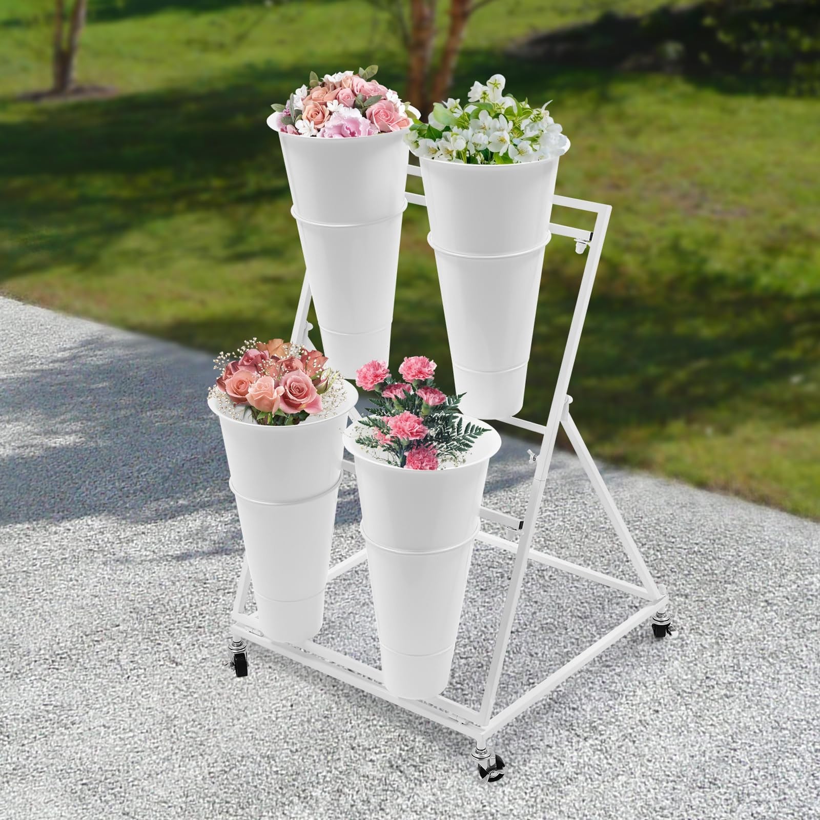 Heavy Duty Iron Flower Stand with Wheels 2 Layers 4 Plastic Buckets White