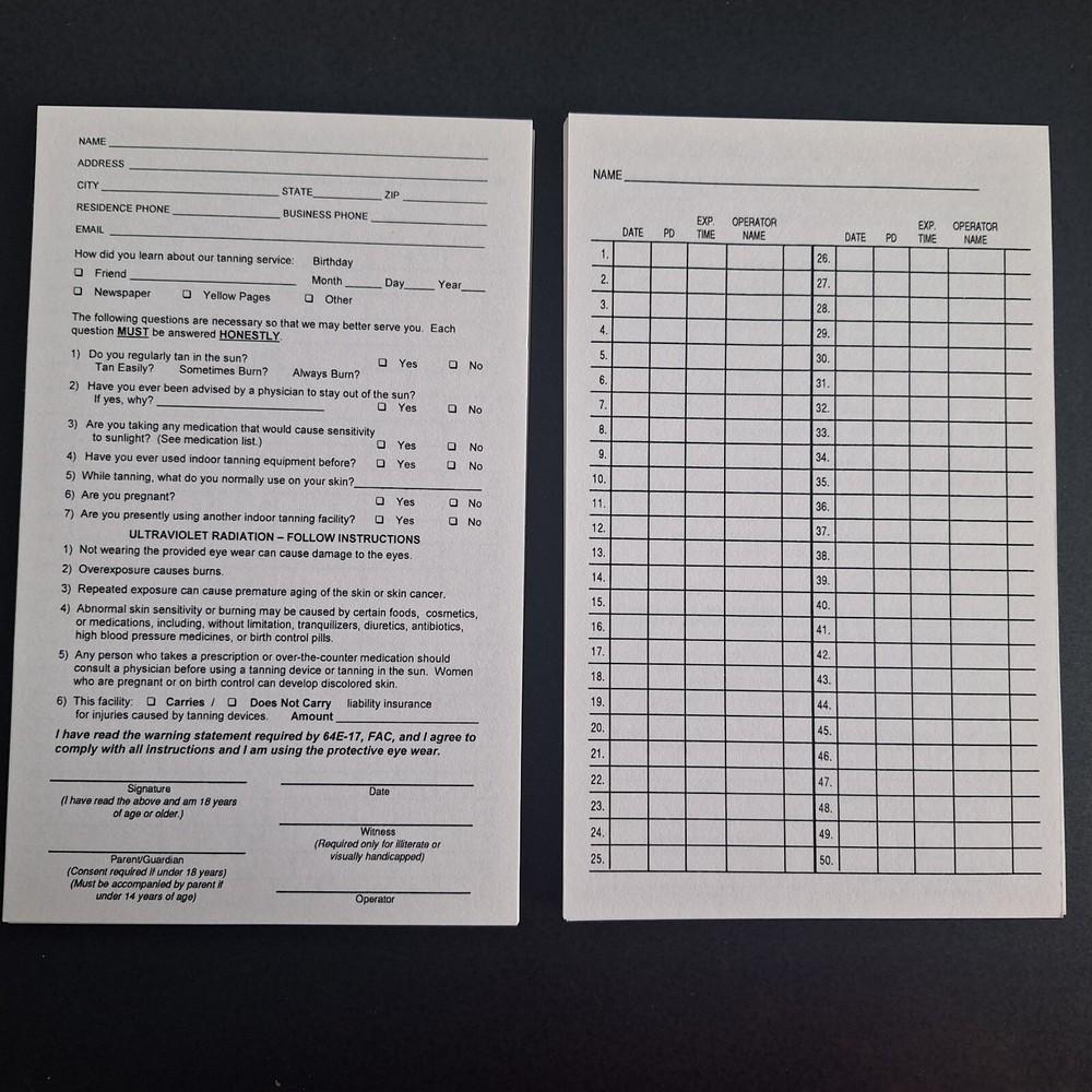 50 Tanning Client Cards Two Sided 8" x 5"