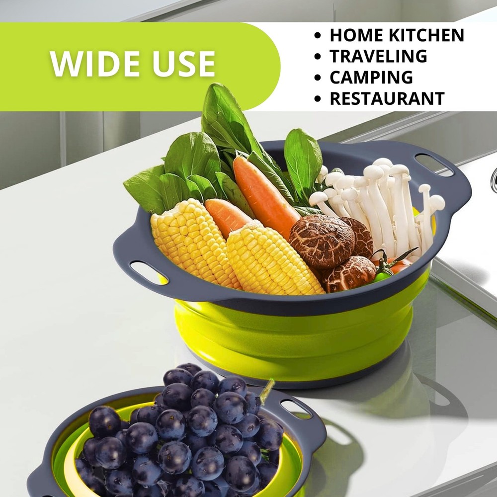 3PCS Green Foldable Kitchen Strainer Set – Silicone Colander Collapsible Stra...