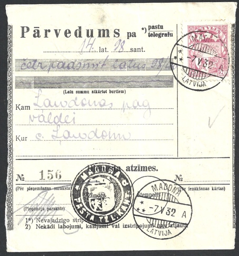 (BL) Lithuania 20s rose on 1932 postal receipt
