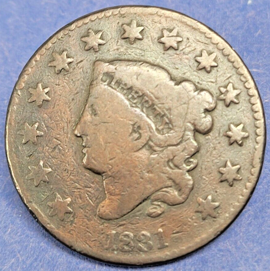 1831 Coronet Head Large Cent 1c, Large Letters