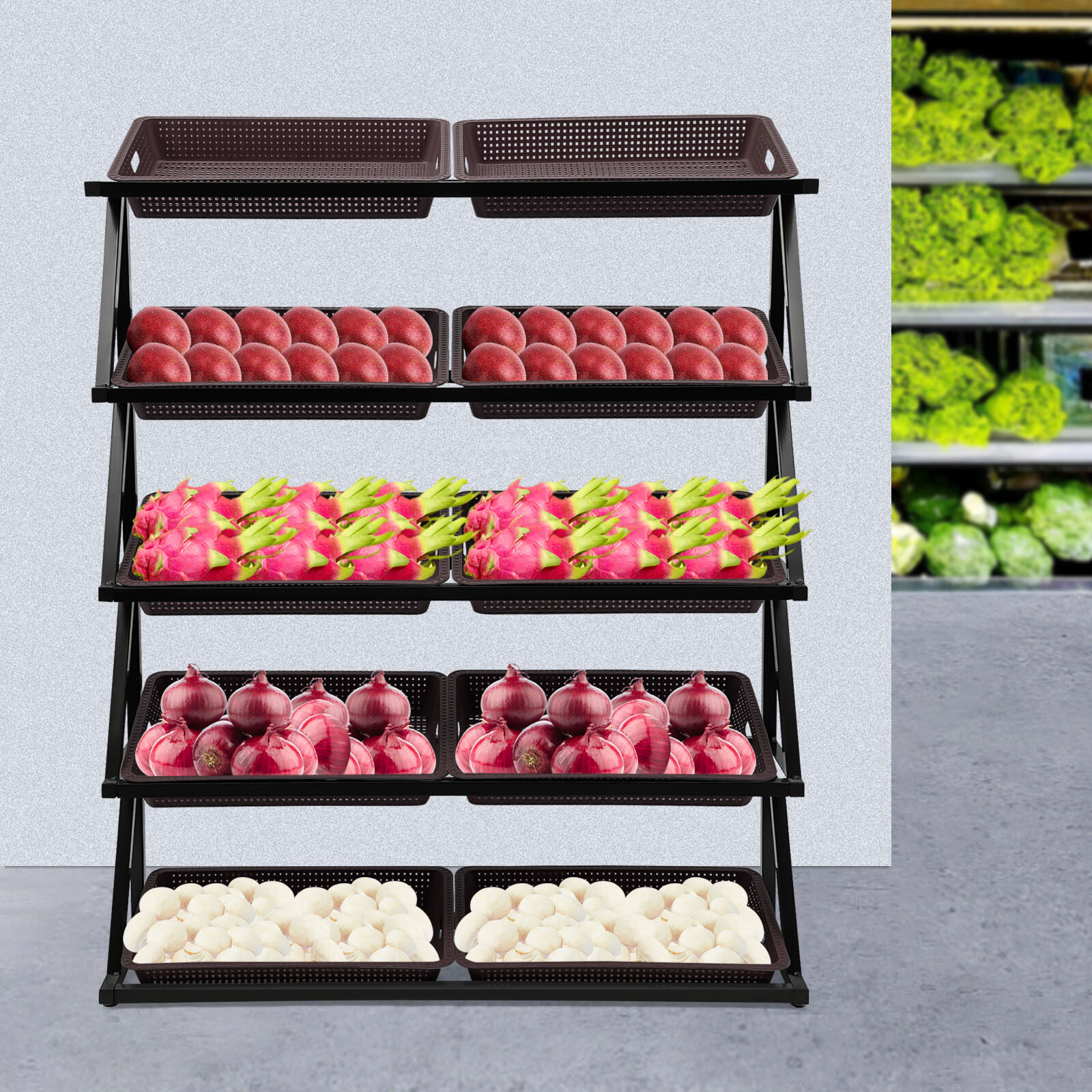 Market Retail Display Rack Shelf + 10x Merchandiser Fruit Vegetable Snack Basket