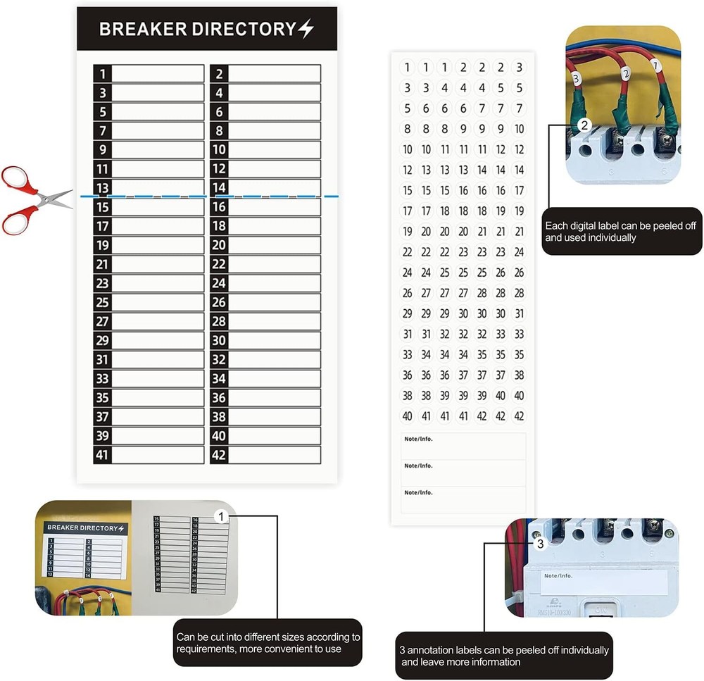 16 Sheets Breaker Panel Labels Electrical Box Sticker Numbers Breaker