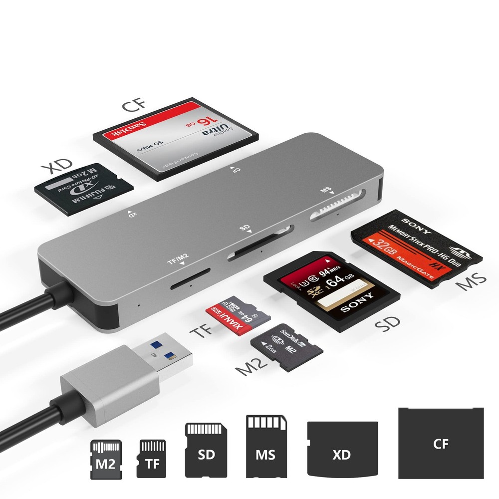 6-in-1 USB 3.0 XD Memory Card Reader TF/SD/MS/M2/XD/CF Combo Adapter