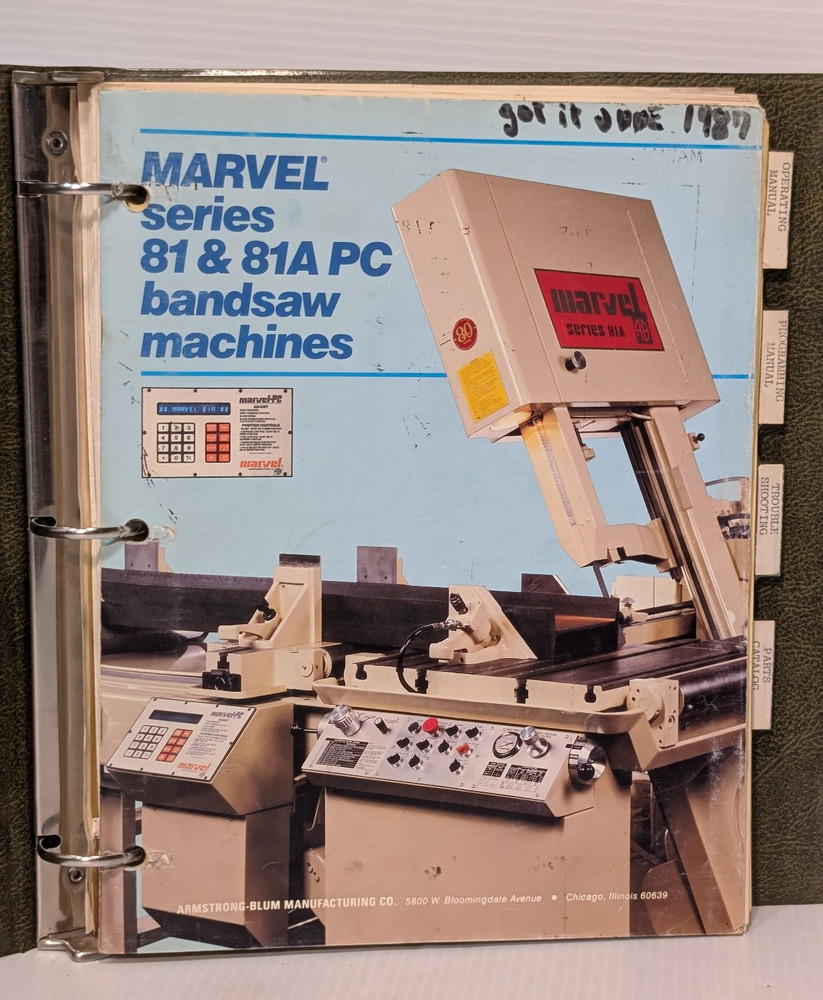 Marvel Series 81, 81A PC Vertical Hydraulic Bandsaw Machine Reference Manual