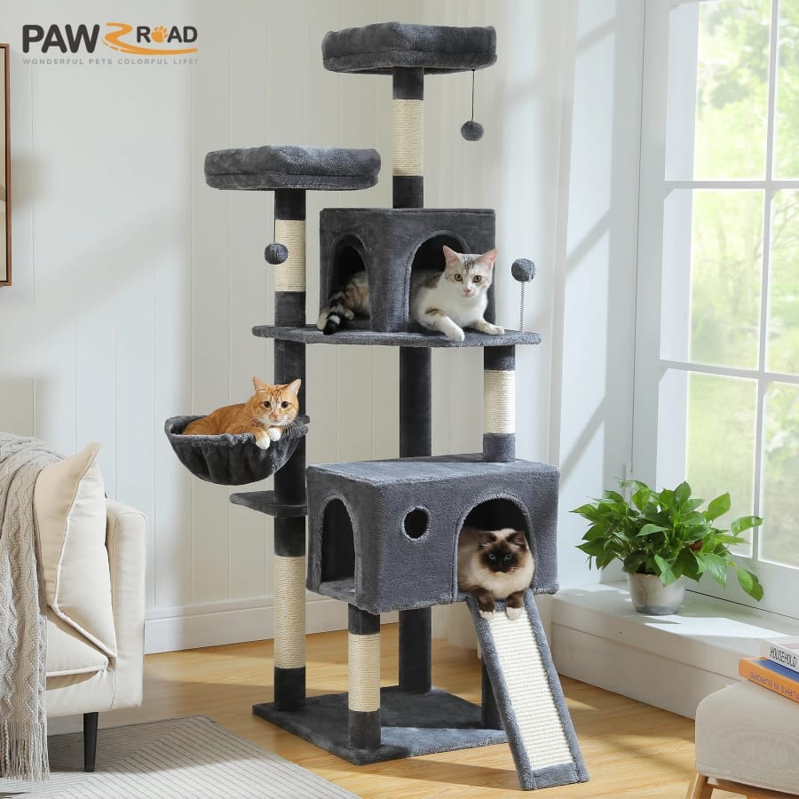 Cat Tree Tower Wood Multi-Level 5-Layer Hammock Sisal Scratching Post