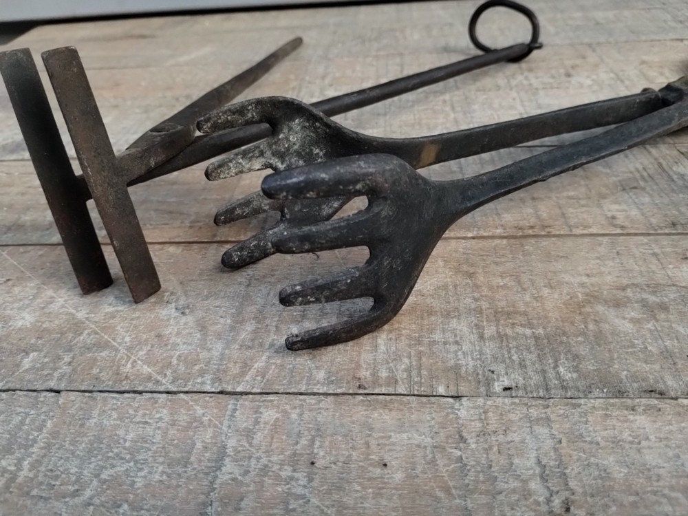 2 ANTIQUE TONGS ...BLACKSMITH HAND TOOLS & Hammer Head