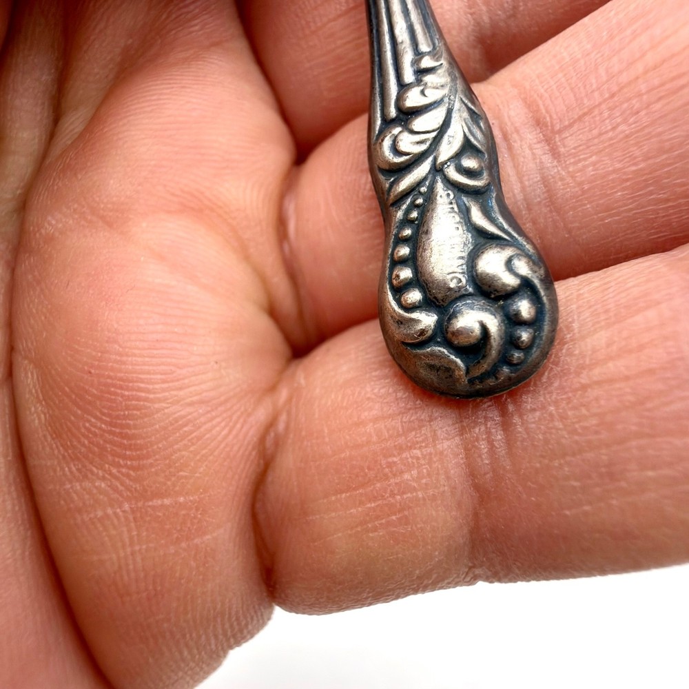 Antique Sterling Silver Button Hook Ornate Floral Scroll Handle Tool
