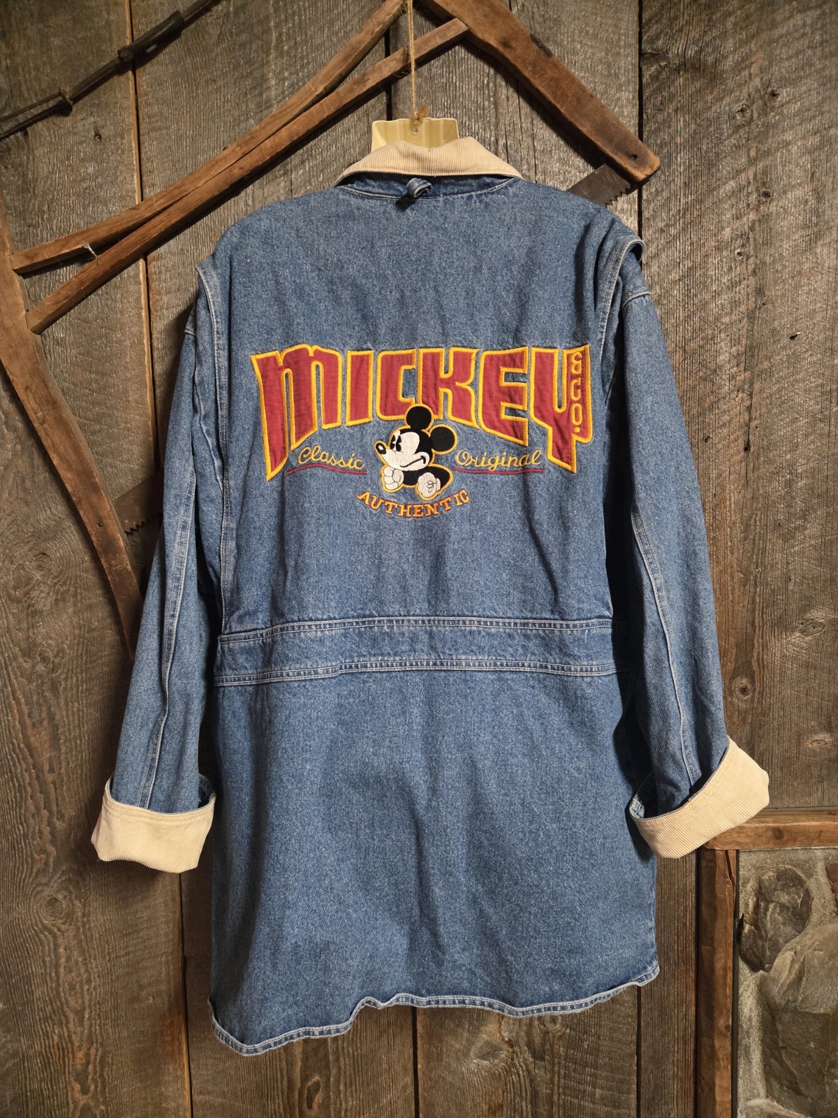 Vintage 80s 90s OFFICIAL Disney Mickey Mouse Denim Jacket Baggy L Cord Collar