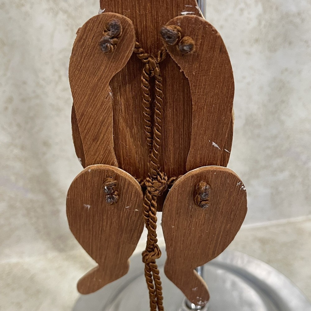 Vintage Paper Mounted on Wood Easter Rabbit Pull-String Toy Jumping Puppet 9” H