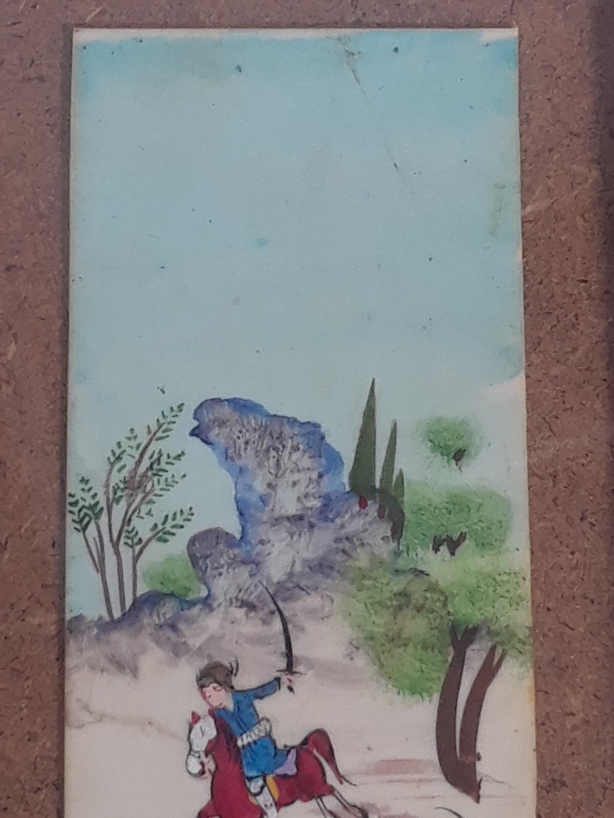 Chinese Scroll Warrior Horses Enamel and Wood Frame 19 3/8 x 5.5