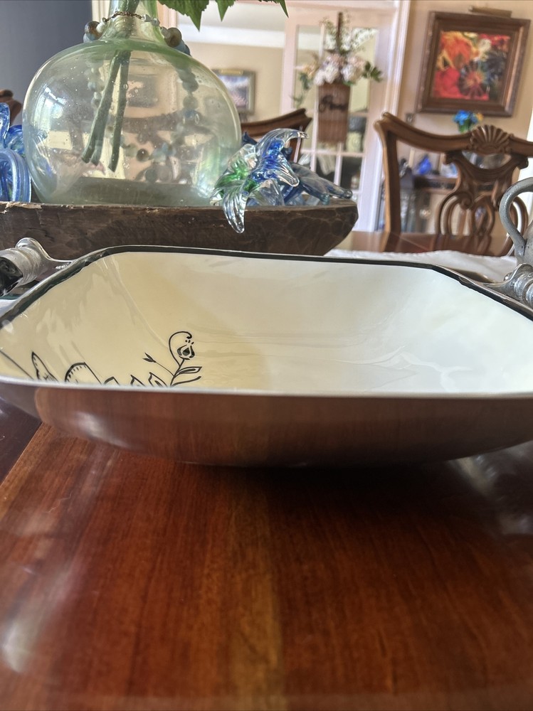 Gorham Serving Platter Rectangular Bowl Beaded Handles 14"x 11" Evening Bloom