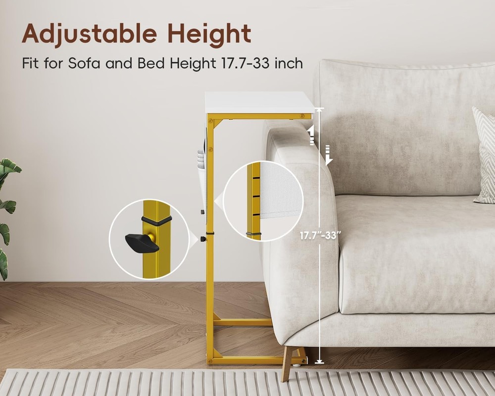 C Shaped End Table W/ Charging Station Adjustable Height Couch Sofa Side Table