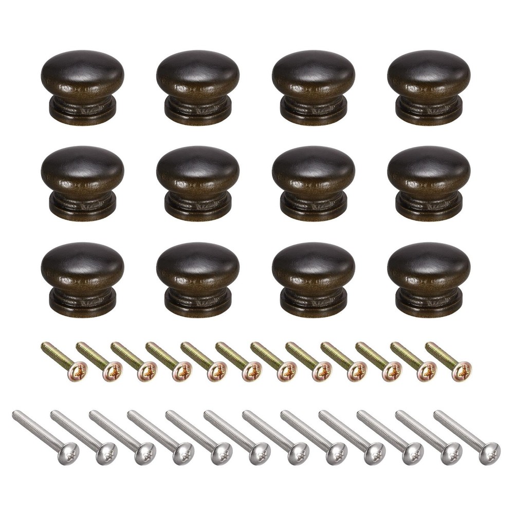 12pcs Round Wood Knobs 33x23mm Pull Handles for Drawer with Screws Black Walnut