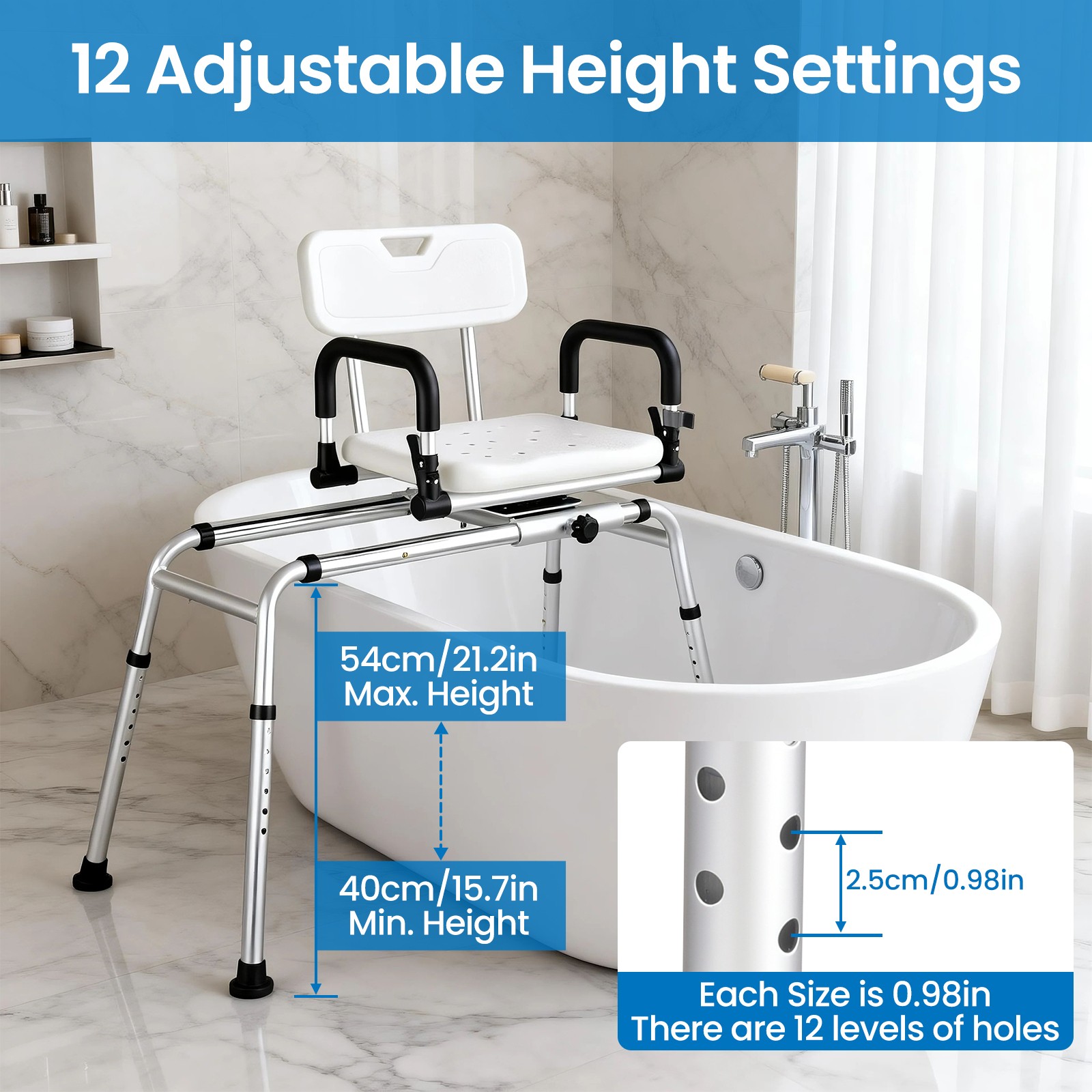 Sliding Tub Transfer Bench Shower Chair with 360° Swivel Seat