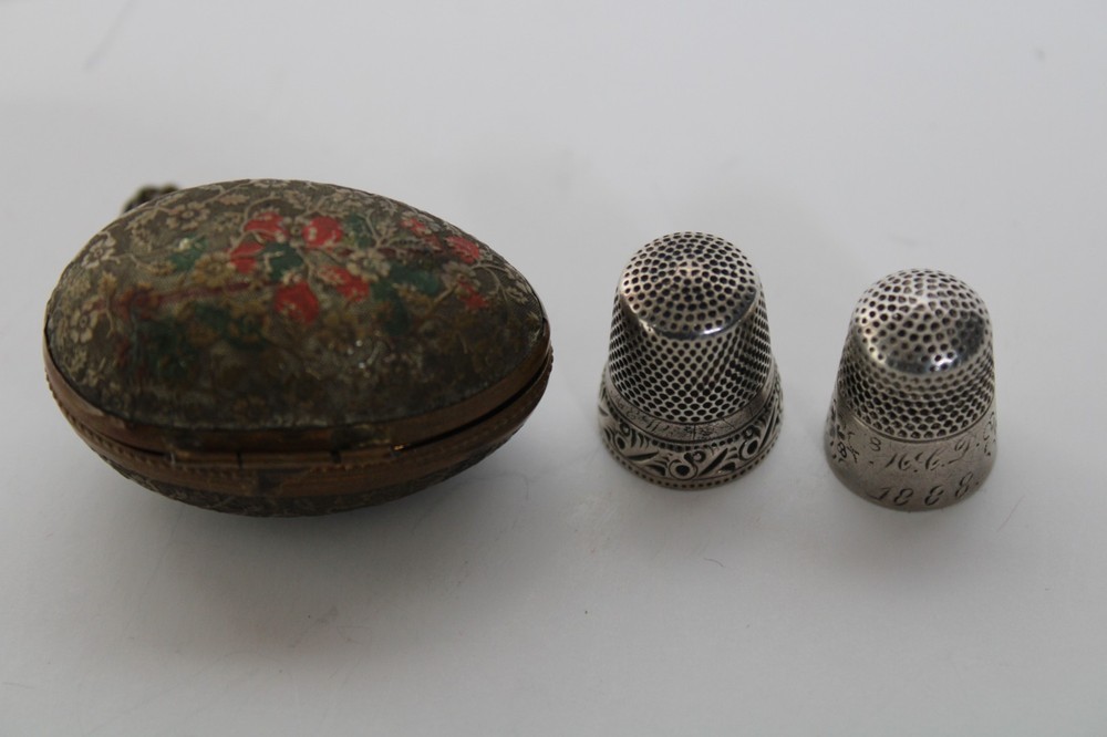 Antique 19th Century Painted Brass Egg Chatelaine Thimble Case w/ (2) Thimbles
