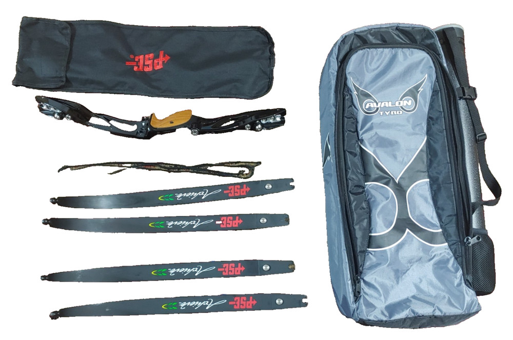 PSE Achieve Recurve Bow, 25" riser, 2 sets medium limbs, rest, plunger, bag