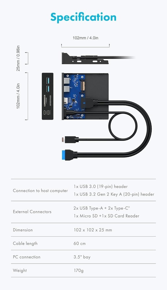 3.5 Inch Front Panel USB C Hub, SD/microSD Internal Card Reader, 20Gbps USB 3.2