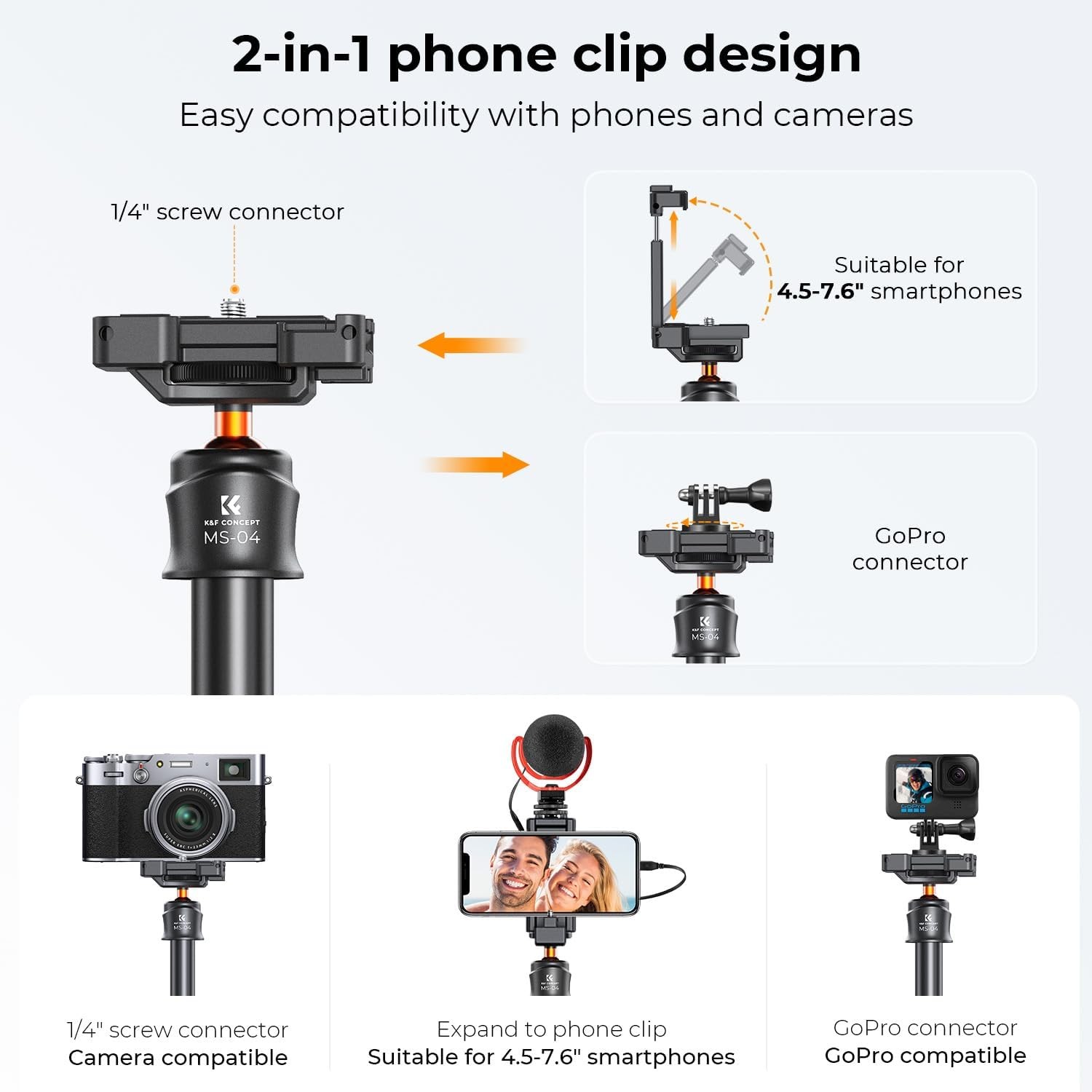 K&F CONCEPT 62'' Phone Selfie Stick Tripod for Phone/GoPro/Camera with Remote