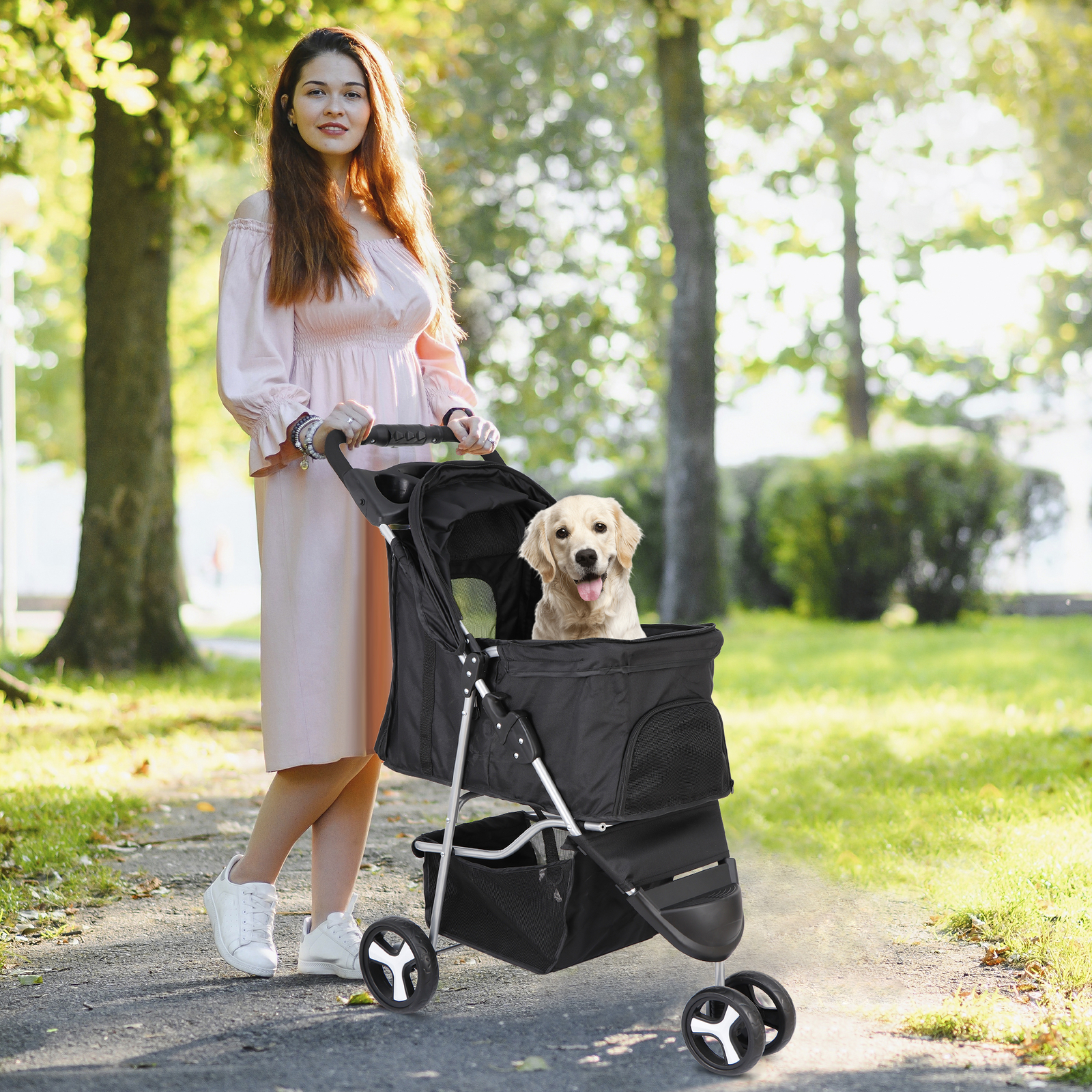 3/4 Wheels Foldable Dog Stroller Pet Travel Carriage for Pets with Carrier Cart