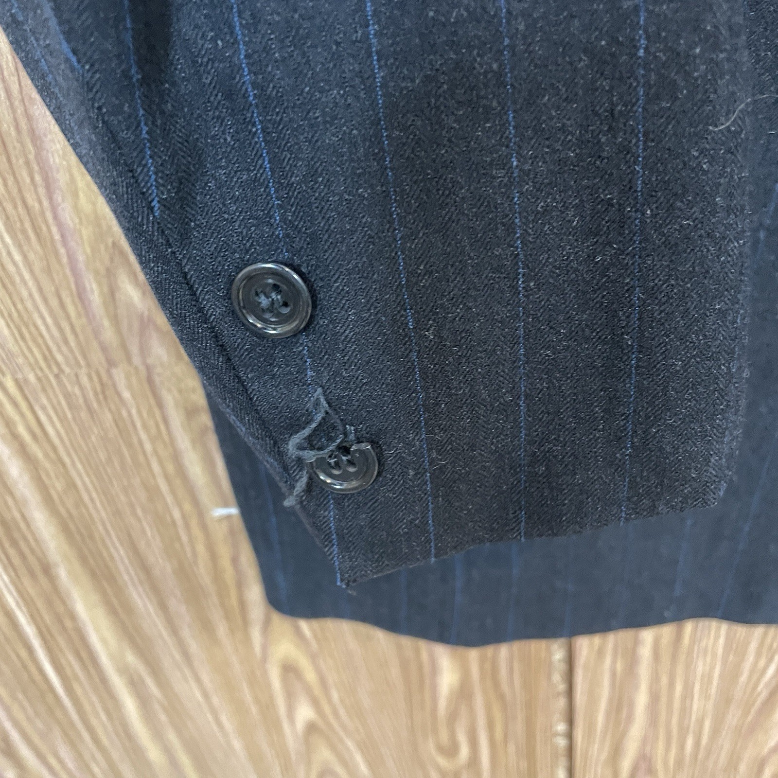 Paul Cicchini Bespoke 2 Piece Suit Mens 46XL 38x33 Black Blue Striped Wool USA