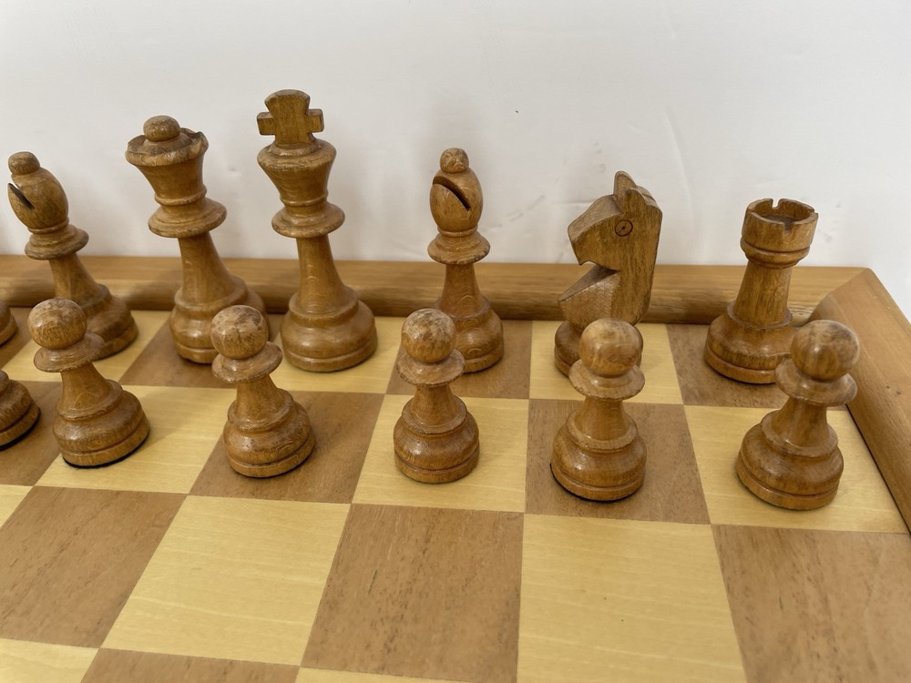 Wood Chess Set In 17.5” Folding Board Storage Box Complete