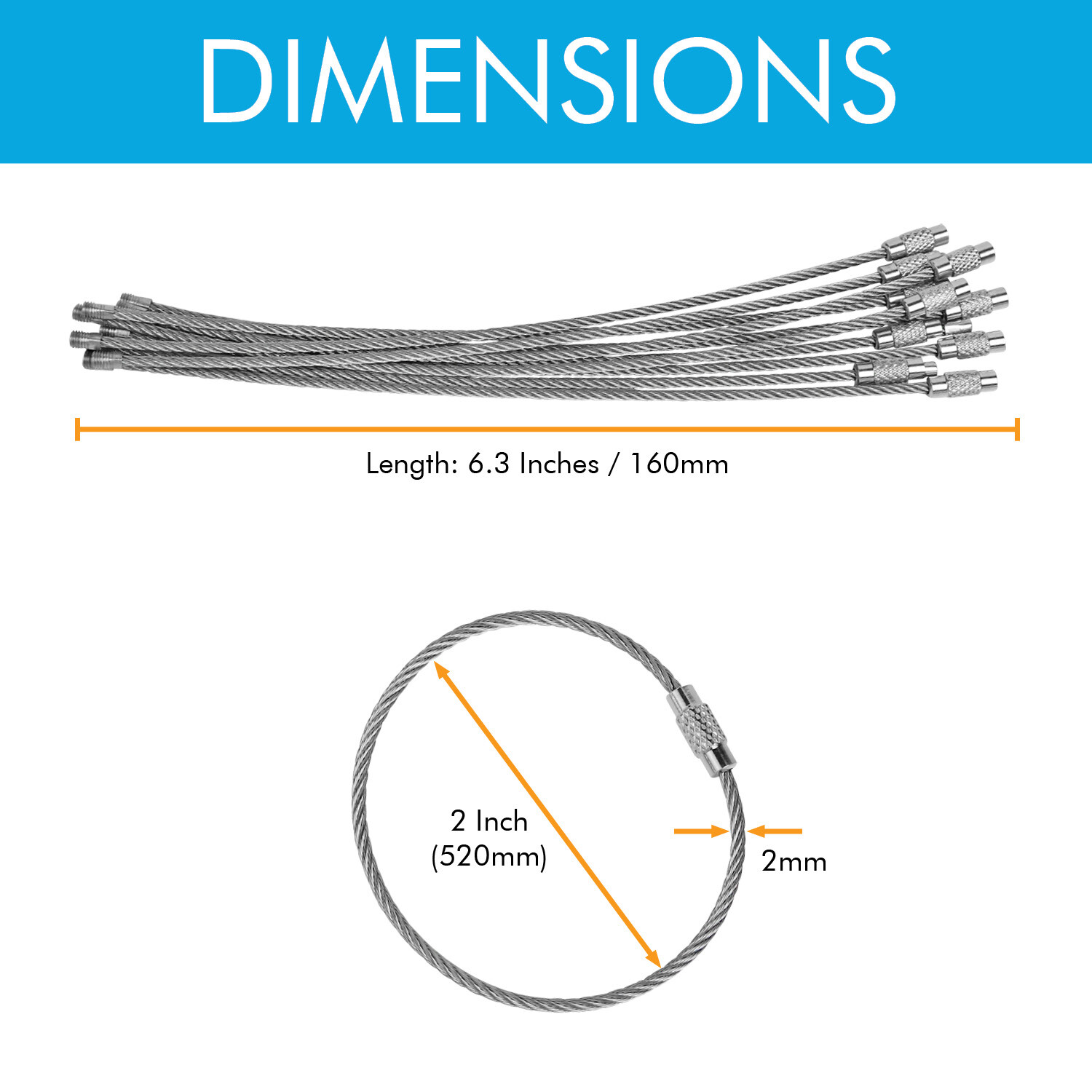 2mm Stainless Steel Wire Keychain 6.3" Aircraft Cable Key Ring Luggage Loops