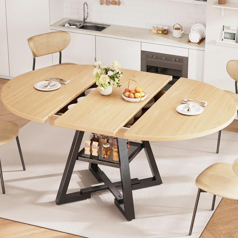 Round Dining Table Kitchen Dining Room Dinner Table 4-6 Space Saving Extendable
