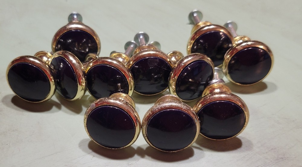 11 Vintage Brass & Dark Blue or Black Enamel Cabinet Knobs Draw Pulls w/Screws