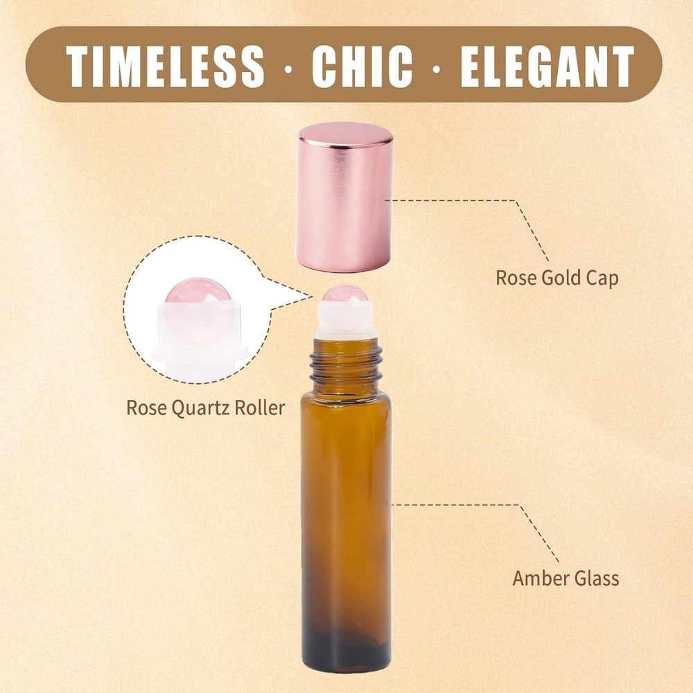 8 Pack Rose Quartz Roller Bottles for Essential Oils, 10Ml Refillable Amber Glas