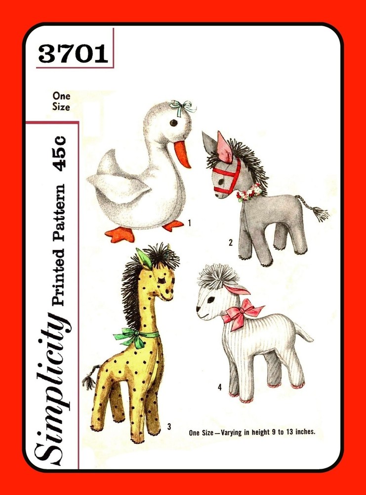 STUFFED Animals Pattern DUCK Donkey GIRAFFE Lamb Toy Simplicity 3701 VTG 60s