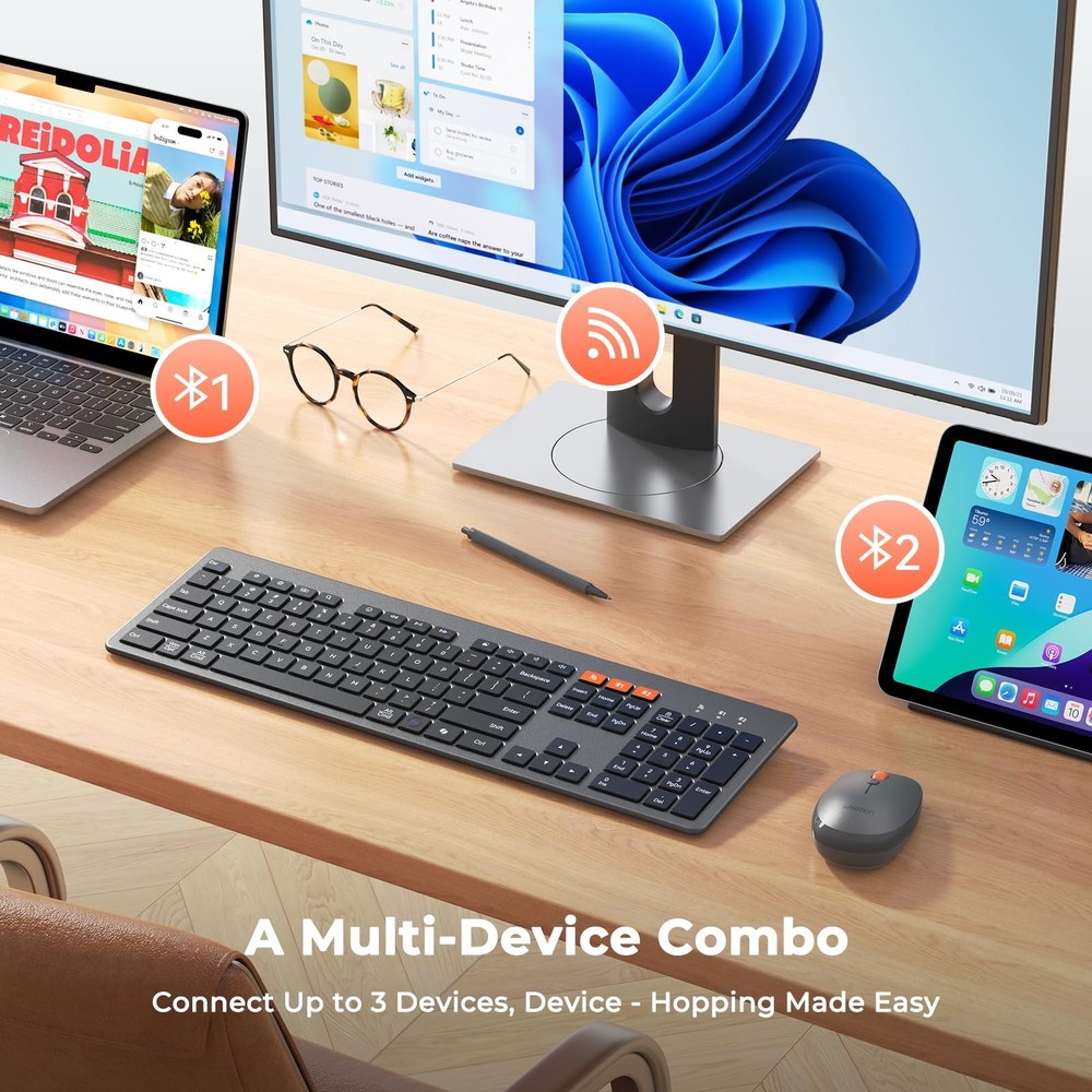 Ultra Slim Wireless Multi-Device Bluetooth Keyboard with Low-Profile Mouse