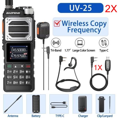 BAOFENG UV-25 WALKIE TALKIE LONG RANGE TRI-POWER TWO WAY RADIOS+SQUARE MIC+CABLE
