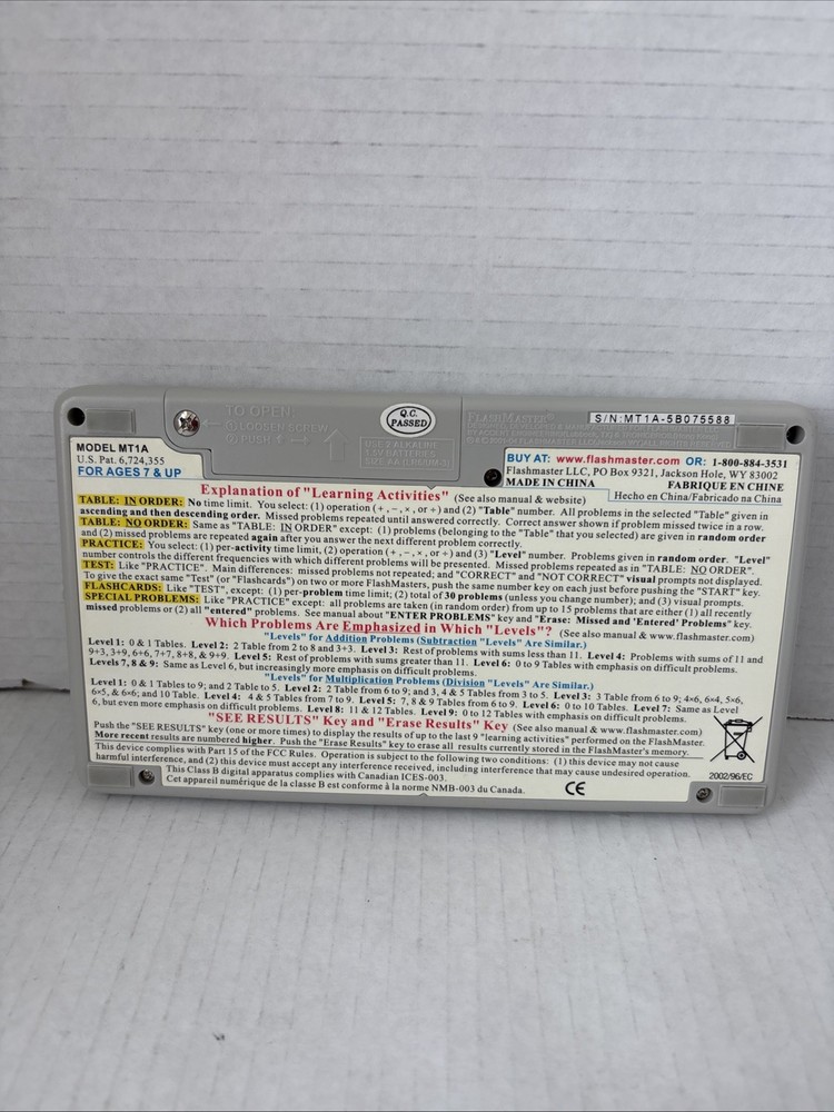 Flash Master Math Tables Electronic Learning Tool Model MT1A Tested Working