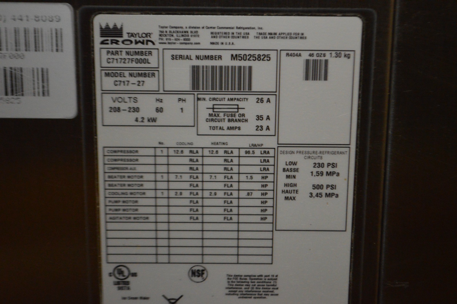 Taylor Crown C717-27 Air Cooled Soft Serve Ice Cream Machine - Single Phase