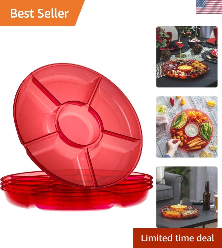 Round Plastic Serving Tray 6 Sections Reusable Durable Elegant Red 12 Inches