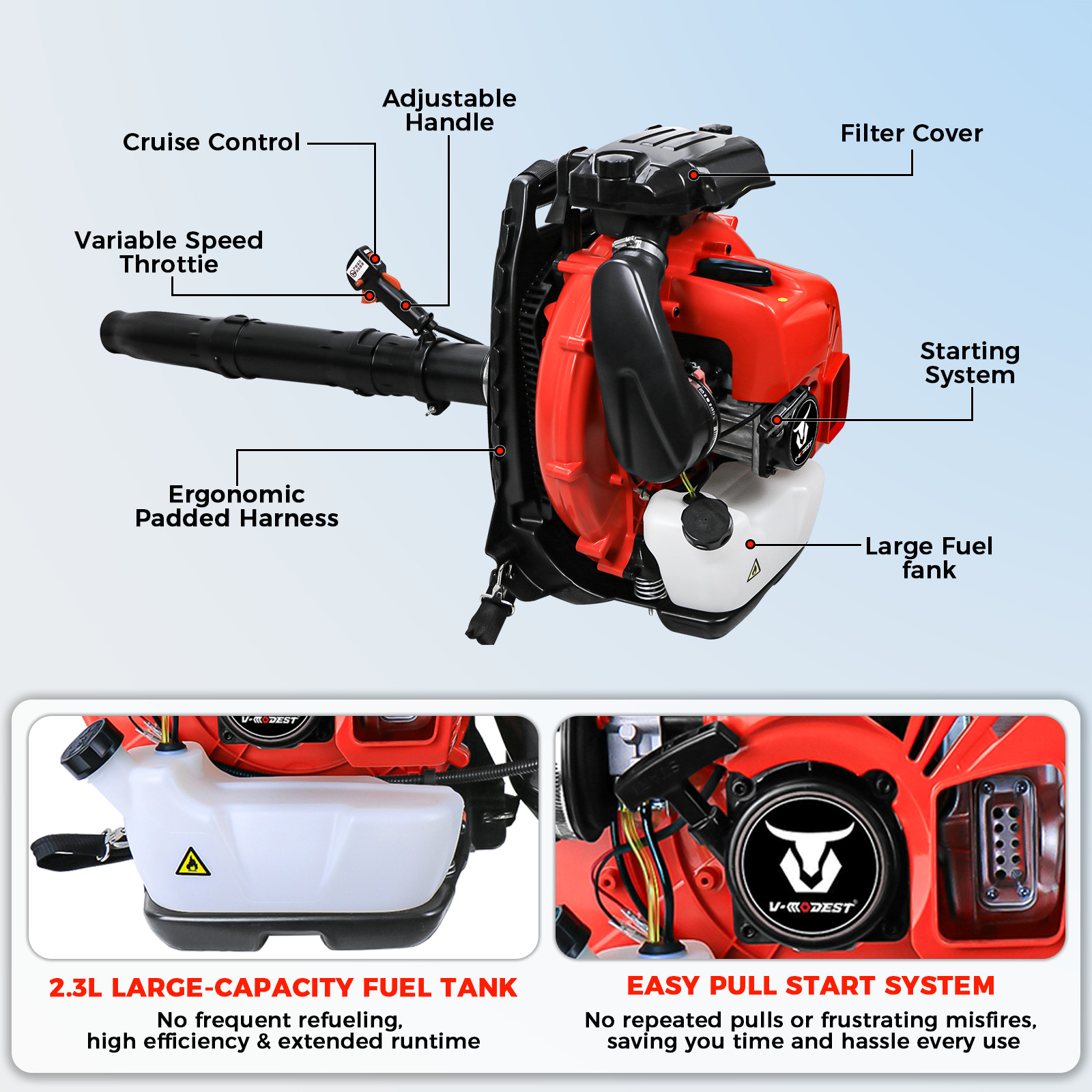 Commercial Backpack Leaf Blower Snow Blowers 75.6CC 2-Stroke Gas Powered 907CFM