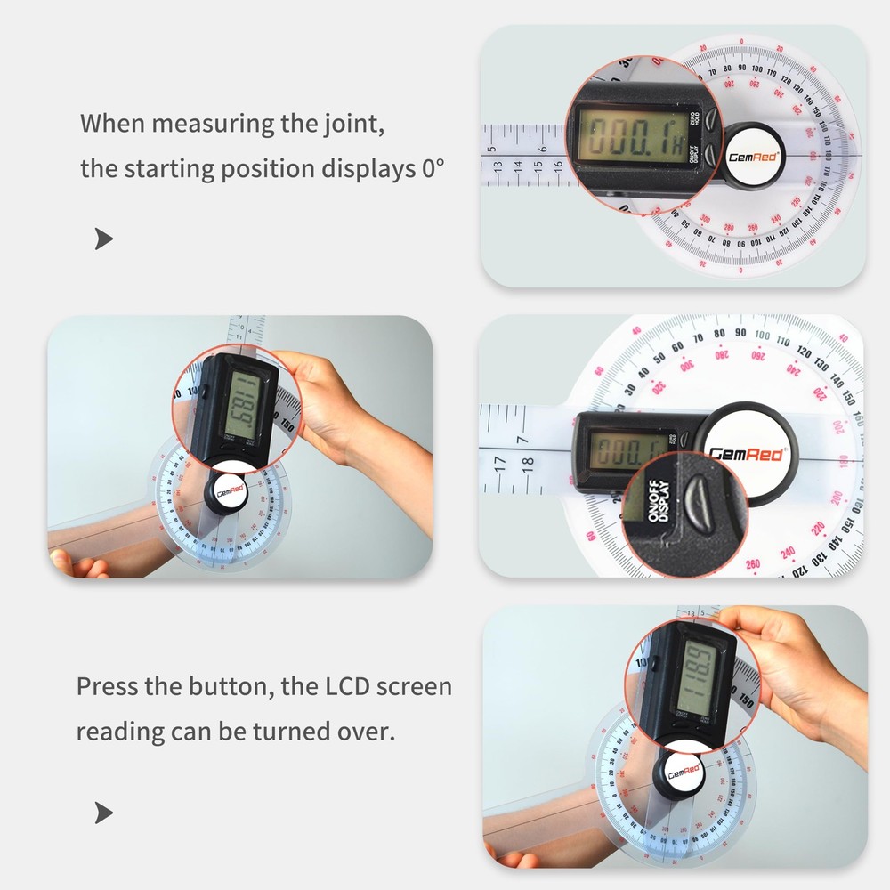 GemRed 12" Digital Goniometer 360 Degree Physical Therapy Plastic Protractor ...