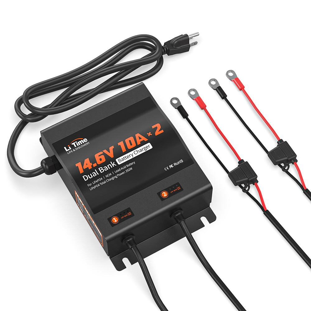 LiTime 14.6V 10Ax2 Dual Bank Smart Battery Charger for Lithium LiFePO4 Lead Acid