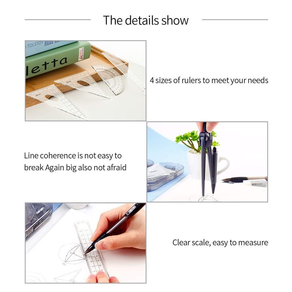 Math Geometry Kit Set - Shatterproof Box,Rulers,Protractor,Compass,Pencil,Eraser