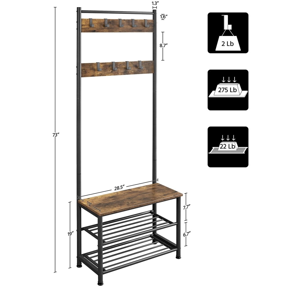 73" Metal Hall Tree W/ Shoe Storage Bench Rustic Brown