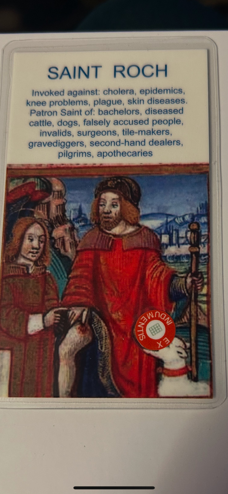 Saint Roch 3rd Class Relic Card  Patron of falsely  accused Epidemics Plagues