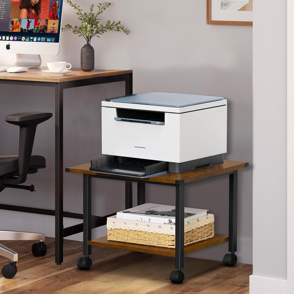 Compact Rolling Printer Stand with Rustic Finish - Easy Assemble & Versatile