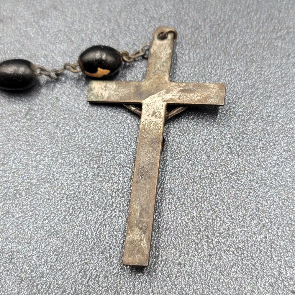 Vintage Black Seed Beaded Rosary Silver tone Well-Loved