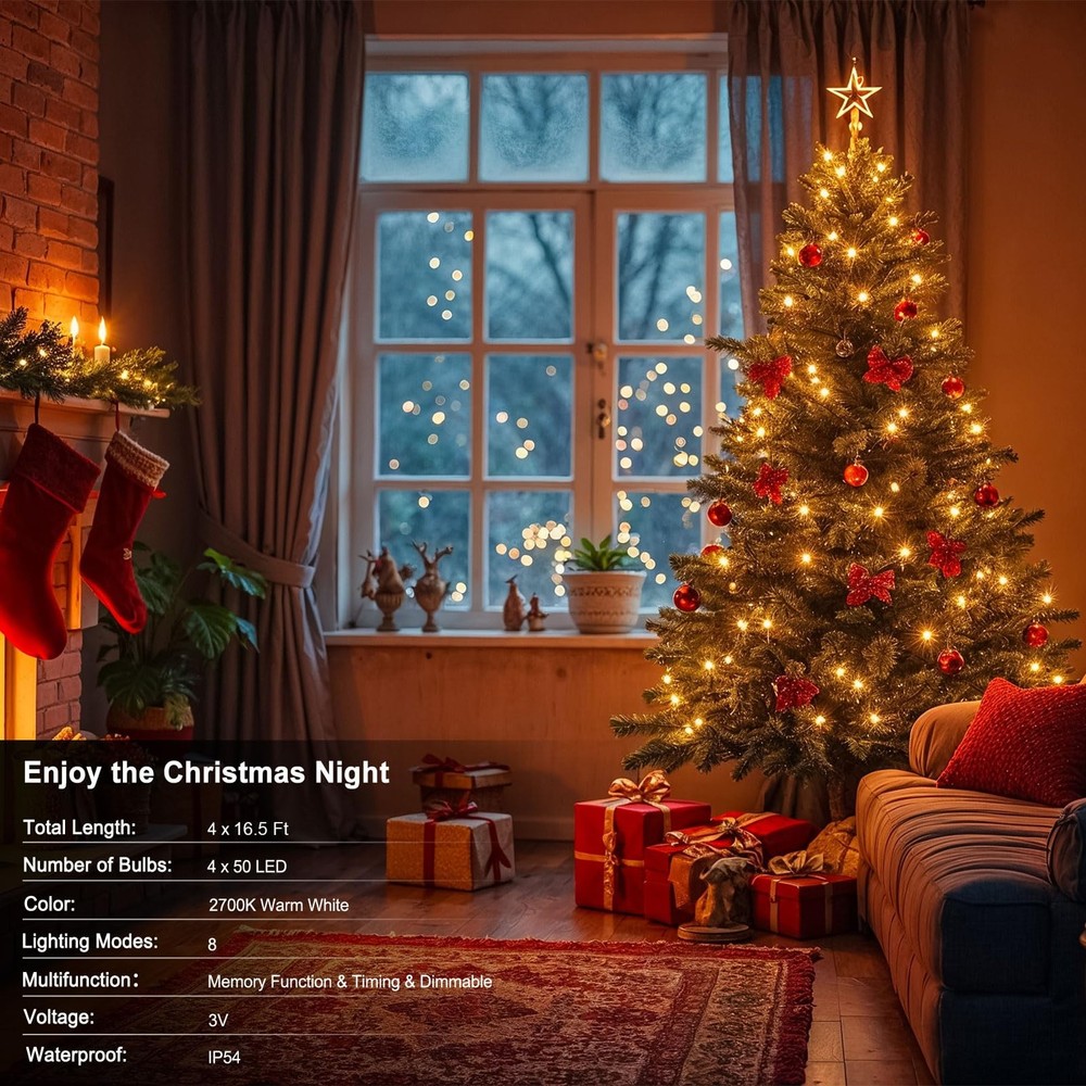 Battery Operated String Lights 4 Pack 16.5Ft 50LED String Lights with Remote ...
