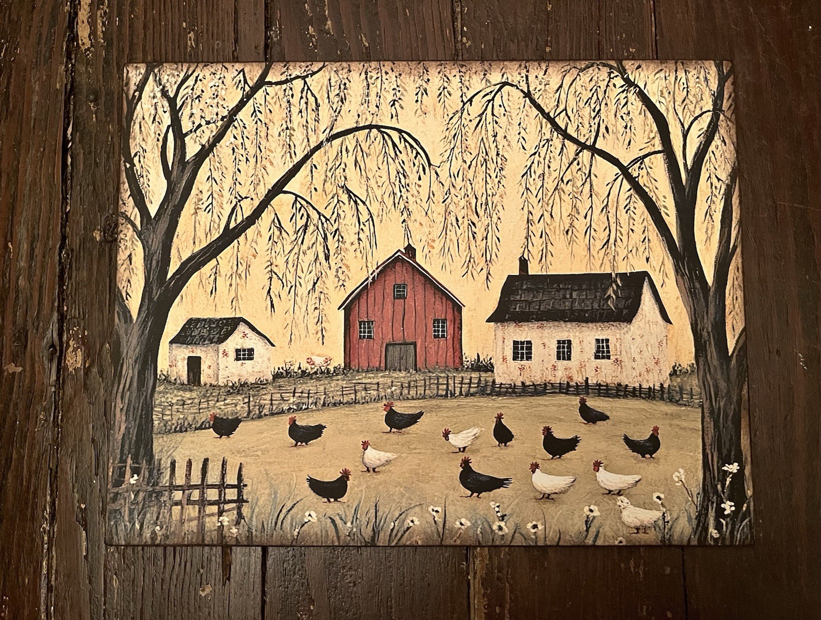 Saltbox Houses, Chickens, Folk Art, Primitive Handcrafted Plaque / Sign