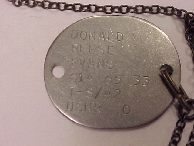 ORIG'L & VG+ Dog Tags of Donald Reese Evans (USMCR) Vet of WWII On Period Chain